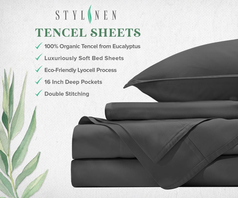 Stylinen 100% Organic Eucalyptus Bed Sheets King Size 4 Piece Set, Tencel Lyocell, Silky Soft & Smooth, Breathable, 16 Inch Deep Pockets, 1 Fitted, 1 Flat, 2 Pillowcases (King, Charcoal) - Image 4